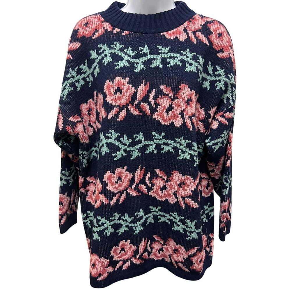 Vintage 80s Private Eye Pink Rose Floral Knit Sweater Cottagecore Slouchy Y2K M - Picture 1 of 5